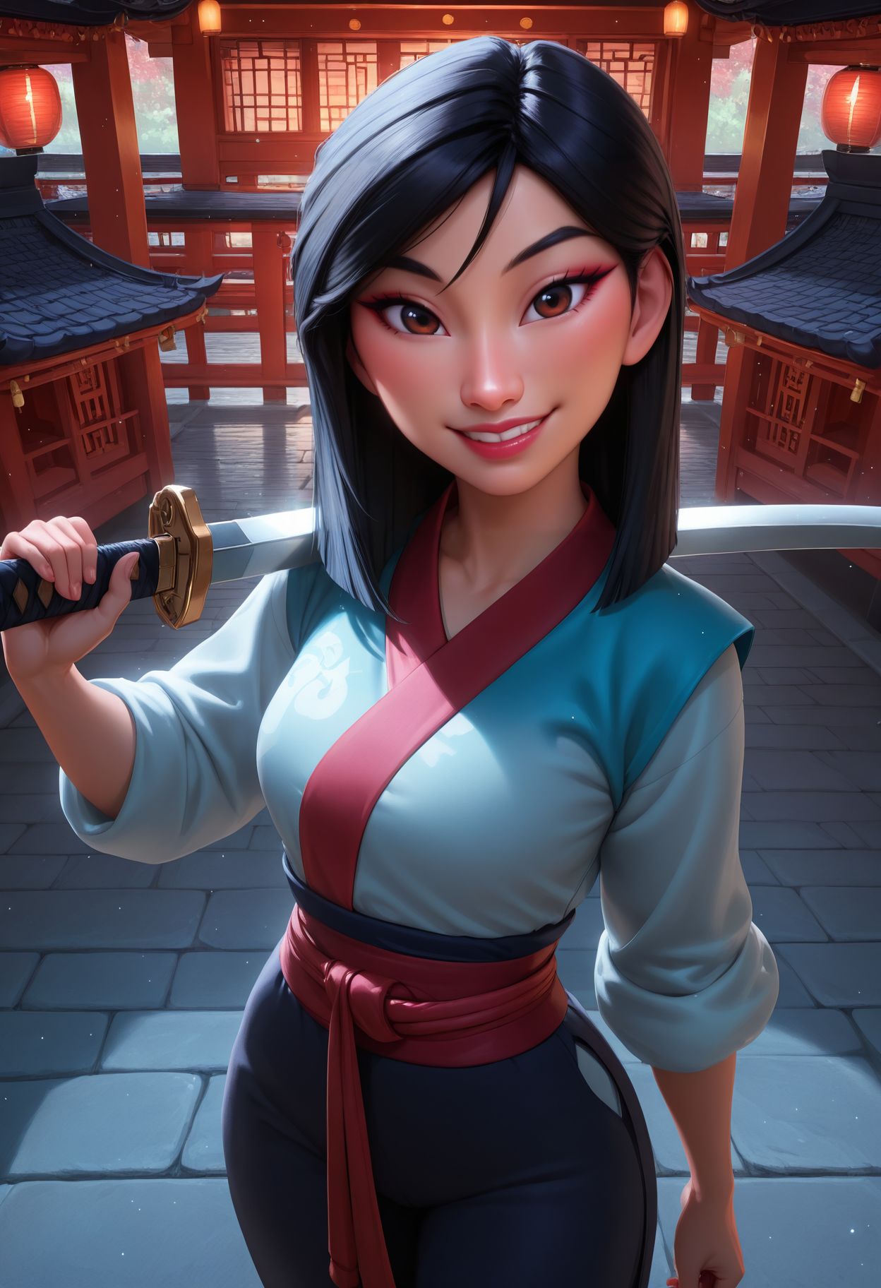 Smooth Quality, HDR, beautiful and intricate hair, protruding lips, lipstick, eyeliner, 1girl, mulan, smile, grin, holding sword, sword over shoulder, looking at viewer, cowboy shot, from above, east asian architecture