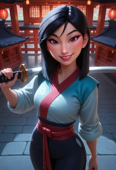 Smooth Quality, HDR, beautiful and intricate hair, protruding lips, lipstick, eyeliner, 1girl, mulan, smile, grin, holding sword, sword over shoulder, looking at viewer, cowboy shot, from above, east asian architecture