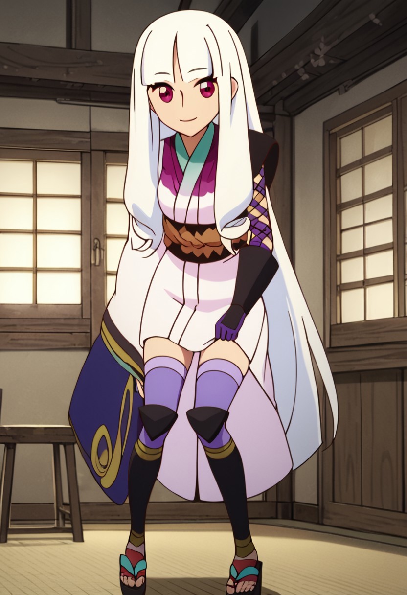score_9, score_8_up, score_7_up, source_anime,anime screencap,anime coloring, official style, uncensored, inside
 <lora:Togame:1>Togame, white hair, purple  eyes, blunt bangs, White kimono, Japanese clothes, thighhighs, gloves, obi, smiling at the viewer, sandals, long hair,