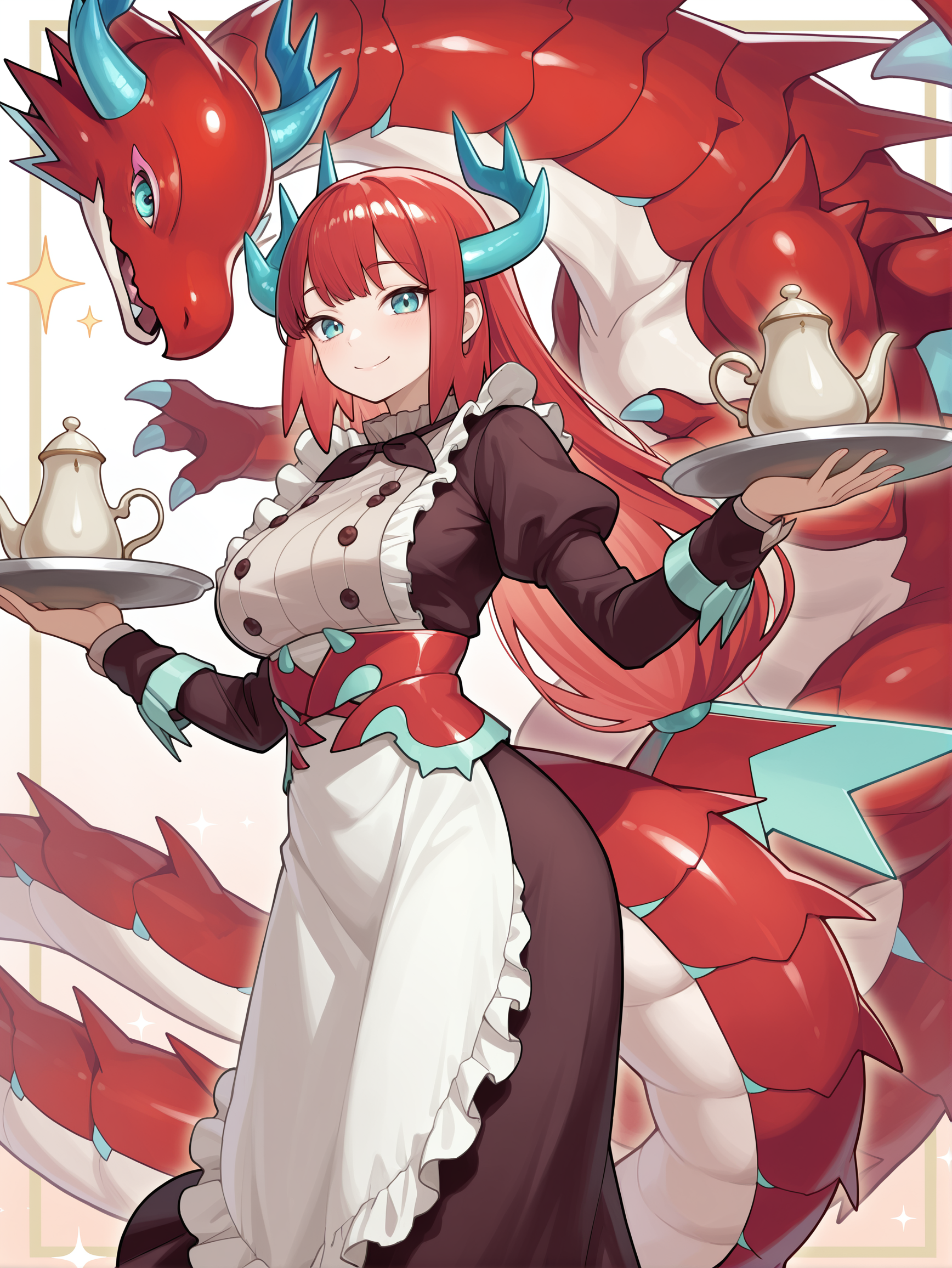 kitchen dragonmaid, 1girl, teapot, tray, smile, brown maid clothes, holding tray, looking at viewer, 1other, red dragon, dragonmaid tinkhec, sparkle,
masterpiece,best quality,amazing quality,very aesthetic,absurdres,newest,<lora:kitchen dragonmaid illuXL v1.1:0.72>,