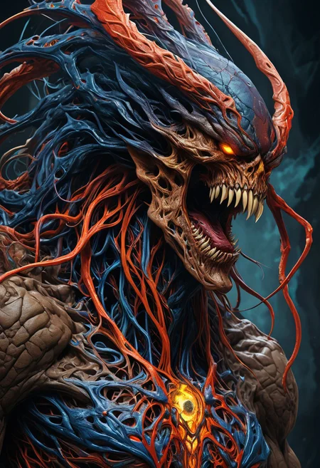 Create a stunning hybrid creature artwork of Balor and Serkahn in a detailed,  a monstrous mass of veins and sinew, [eldritch], colorful, evil sinister, horror, Cosmic abomination, bodyhorror, action shot, detailed background, otherworldly, angled sideview, establishing shotcinematic concept art style, with vibrant and intense colors, and a mix of futuristic and ancient elements. The artwork should be highly detailed, with precise anatomy and dynamic lighting, resembling the work of top digital artists such as Greg Rutkowski and Stanley Artgerm Lau. The composition should be epic and dramatic, with a focus on creating a visually striking and awe-inspiring image.safe_neg,