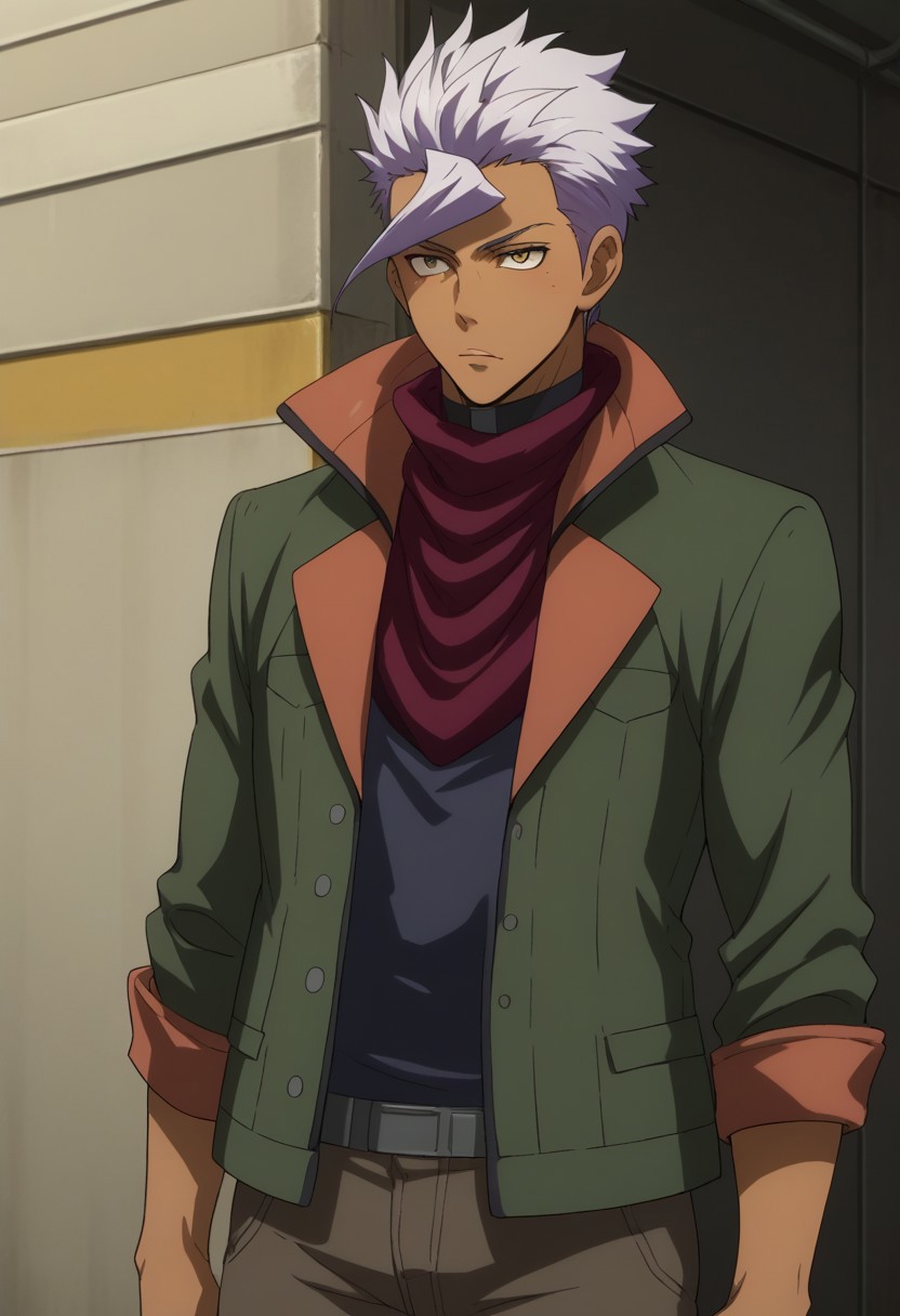 score_9, score_8_up, score_7_up, source_anime, highly detailed,
itsuka, 1boy, solo, male focus, dark-skinned male, jacket, white hair, yellow eyes, dark skin, standing, pants, open jacket, green jacket, spiked hair, open clothes, scarf, purple scarf, upper body
indoor, hangar,