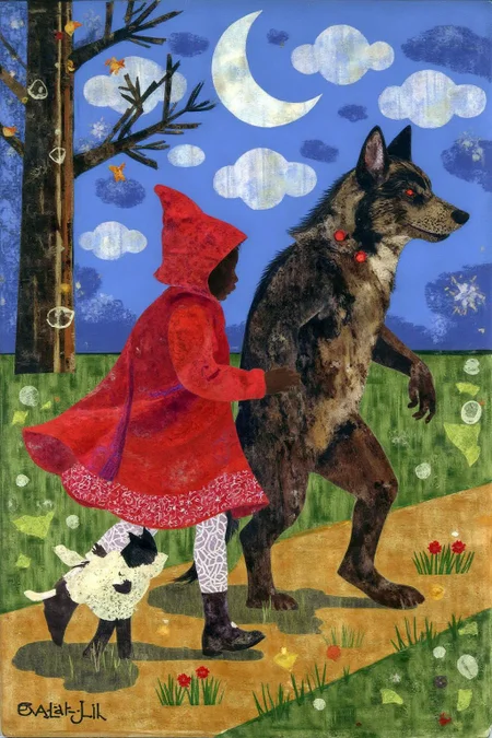mixed media collage.
Little Red Ridding Hood walkign along side the Big Bad Wolf.  <lora:ekho_collage_nocap_d6a3e12:1.0><lora:824703707607209288:0>