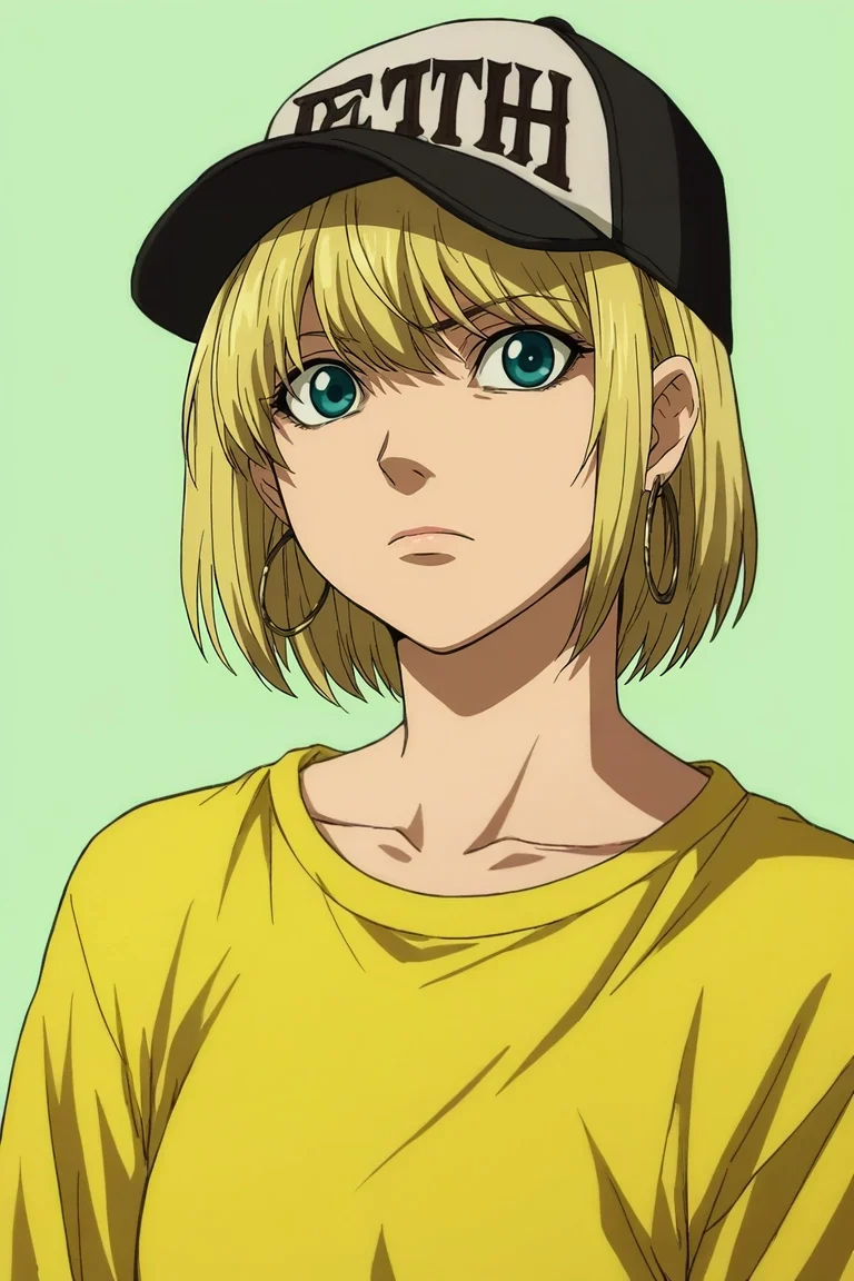 zPDXL, score_9, score_8_up, score_7_up, rating_safe, 1girl, aqua eyes, baseball cap, blonde hair, closed mouth, earrings, green background, hat, hoop earrings, jewelry, looking at viewer, shirt, short hair, simple background, solo, upper body, yellow shirt, <lora:death_note_style_pony:1.22>, death_note_style, , <lora:sdxl_lightning_8step_lora:1>