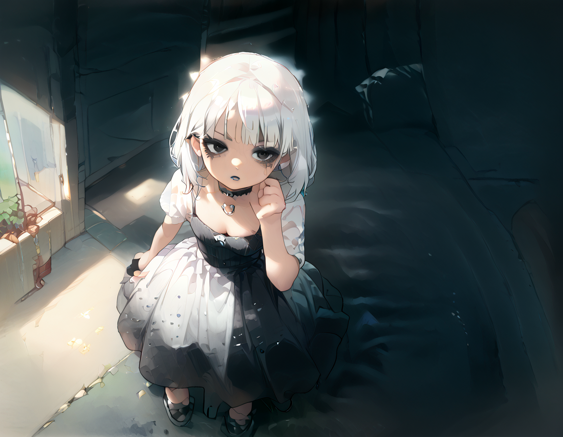 (score_9,score_8_up,score_7_up:1), 1girl, full body, view from above, horror, Night time lighting, ambient lighting, angry, (goth, (black lipstick, black mascara, black eyeshadow)), (skinny), white hair black highlights, short hair, choker, eyeshadow)) (albino soft skin), pawg, wide hips, milf, <lora:butt:1>, (swimming), imperious BBQ backyard, (<lora:zavy-cntrst-sdxl:1> chiaroscuro, low-key, horror), ( tulle dress, ballgown, gown, Veil, fluffy dress), <lora:anteiru:1>, <lora:add-detail-xl:1>