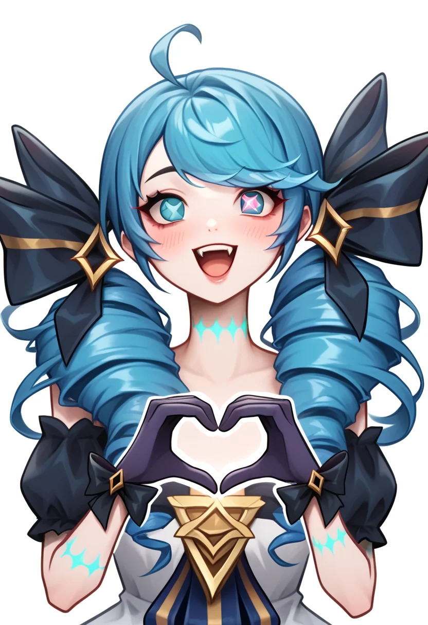 score_9,score_8_up,score_7_up,<lora:league_of_legends_pony:1>,1girl, solo, portrait, blush, fangs, green_hair, :d, bare_shoulders, black_bow, black_gloves, detached_sleeves, gwen_\(league_of_legends\), hair_bow, heart-shaped_pupils, heart_in_heart_hands, puffy_short_sleeves, swept_bangs, twin_drills, upper_teeth_only