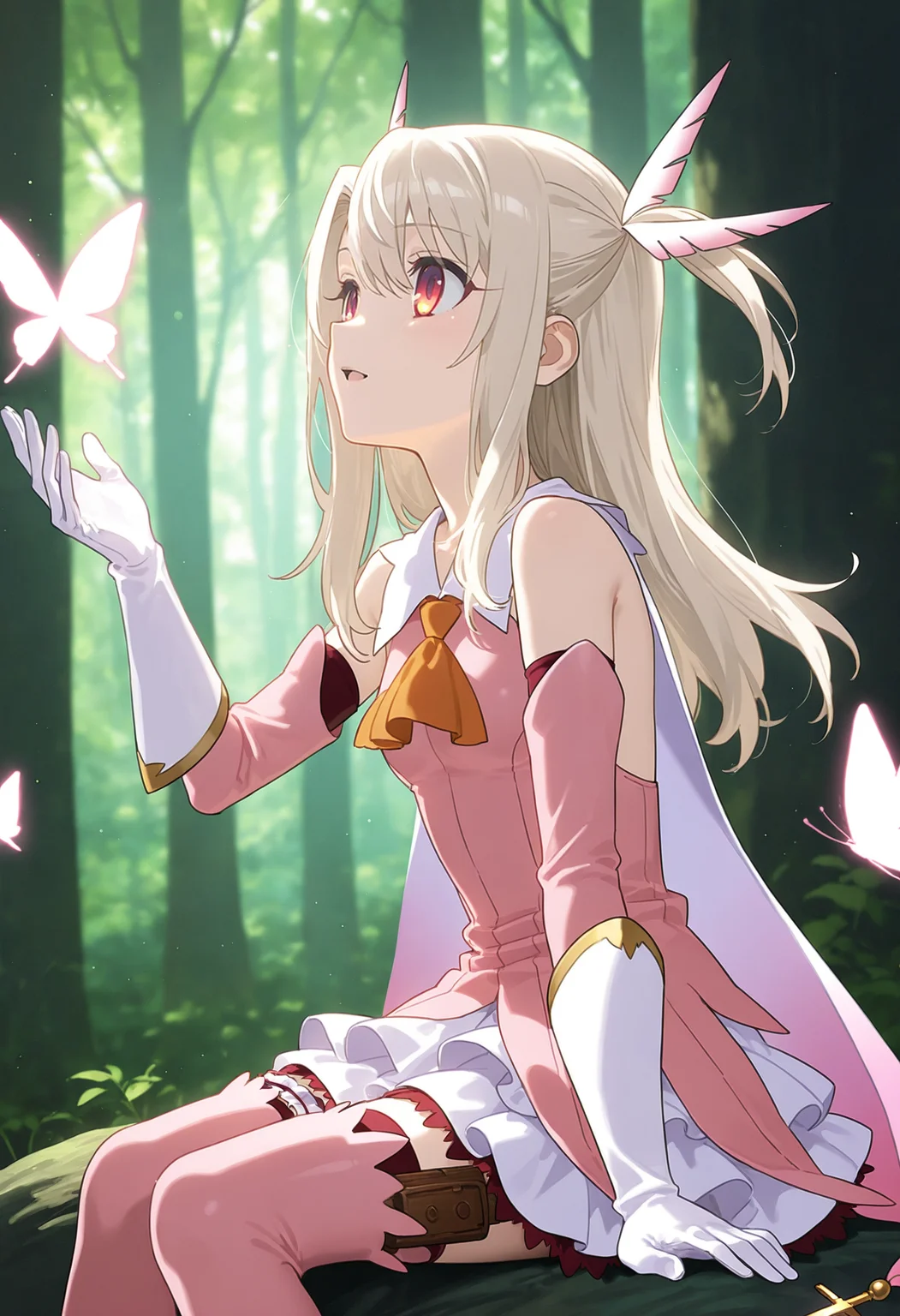 score_9_up, score_8_up, score_7_up, score_6_up, masterpiece, best quality, BREAK, 1girl, cute face, aaillya, long hair, blonde hair, two side up, hair ornament, red eyes, bare shoulders, magical girl, cape, orange ascot, pink shirt, sleeveless, detached sleeves, white gloves, white skirt, pink thighhighs, <lora:illyasviel_von_einzbern_prsima_ilxl_v1:0.8>, sitting, looking to the side, glowing butterfly, expressionless, light smile, open mouth, <lora:add-detail-xl:3>, forest, glowing background, looking at another