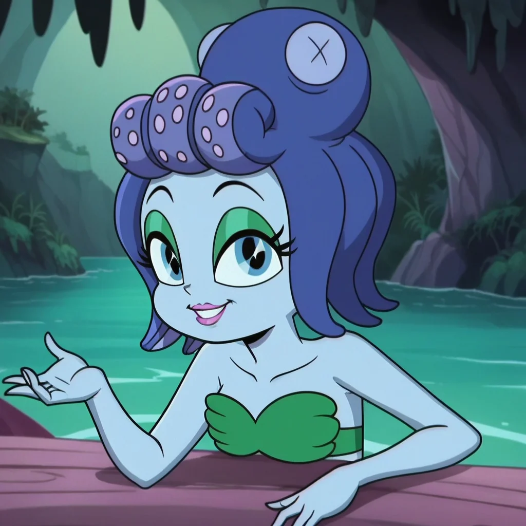 score_9, score_8_up, score_7_up, score_6_up, score_5_up, score_4_up, forest, ocean, anime screencap, flat color, source_anime, animification, anime coloring, <lora:Calamaria_The_Cuphead_Show-000005:0.8> , calamariach, blue skin, colored skin, octopus, monster girl, blue eyes, bra, strapless, mermaid, looking at viewer, smile, pink lips