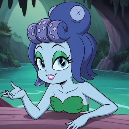 score_9, score_8_up, score_7_up, score_6_up, score_5_up, score_4_up, forest, ocean, anime screencap, flat color, source_anime, animification, anime coloring, <lora:Calamaria_The_Cuphead_Show-000005:0.8> , calamariach, blue skin, colored skin, octopus, monster girl, blue eyes, bra, strapless, mermaid, looking at viewer, smile, pink lips