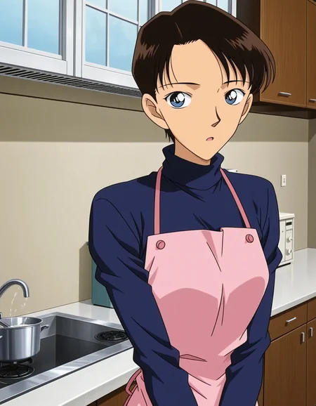 1girl,solo,masterpiece, best quality,anime screenshot, anime coloring,
<lora:yasumoto_hikaru_conan_v2_IL:0.8>,yasumoto hikaru,(meitantei conan:0.7),black hair,brown hair,very short hair,forehead,arched bangs,long sleeves,light pink apron,dark purple turtleneck,
looking at viewer,standing,upper body,kitchen,indoors,expressionless,window, v arms,looking to the side, <lora:dmd2_sdxl_4step:1>,:o, open mouth, sideways glance