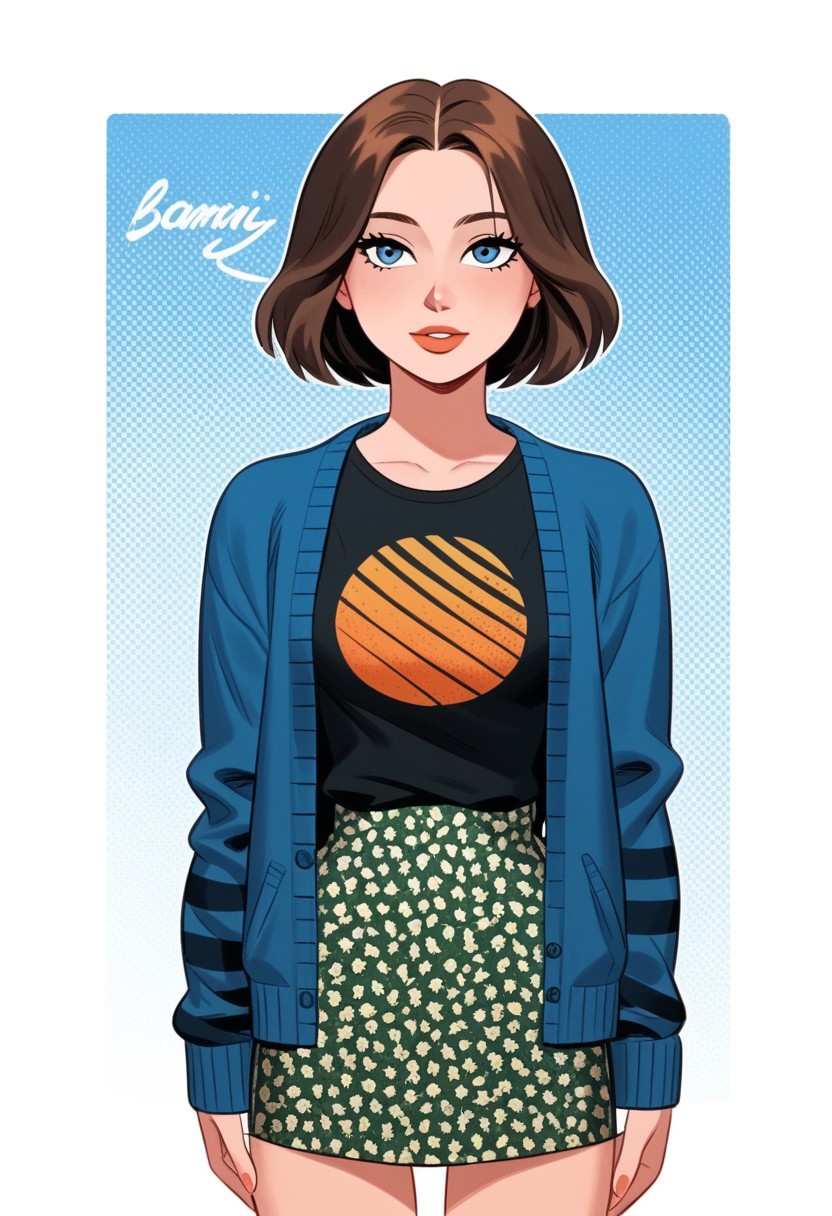 score_9, score_8_up, score_8_up, btimmsketch, (cowboy Shot,:1.1) 
NatalieAMCM, 1girl, short hair, wavy hair, shoulder-length hair, brown hair, blue eyes, cardigan, blue cardigan, striped sleeves, t-shirt, black shirt, printed shirt, orange print, sun symbol, sun print, short skirt, floral skirt, green skirt, high-waist skirt, sexy legs, 
Sexy pose, halftone effect, white borders, abstract background:1.2