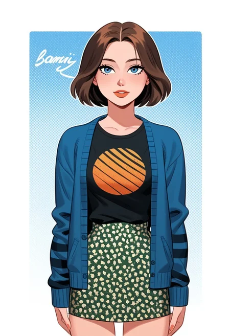 score_9, score_8_up, score_8_up, btimmsketch, (cowboy Shot,:1.1)
NatalieAMCM, 1girl, short hair, wavy hair, shoulder-length hair, brown hair, blue eyes, cardigan, blue cardigan, striped sleeves, t-shirt, black shirt, printed shirt, orange print, sun symbol, sun print, short skirt, floral skirt, green skirt, high-waist skirt, sexy legs,
Sexy pose, halftone effect, white borders, abstract background:1.2