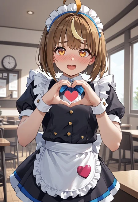 score_4,score_5,score_6,score_7_up,score_8_up,score_9 ((masterpiece,best quality,ultra detailed,highres,HD,4k:1.2)), 
1 femboy, solo,solo focus,femboy focus,face focus,
Shiron(normal),brown hair,multicolored hair,yellow streaked hair,bangs,ahoge,sidelocks,orange eyes, petite,
Maid outfit,Sleeveless, maid headband, frilly apron,Short sleeves, short skirt, thighs,
inside the cafe, ((Make a heart symbol with both hands, heart with both hands,heart hands,heart symbol,heart,heart effect,)), 
((Embarrassed, full face blush,)),