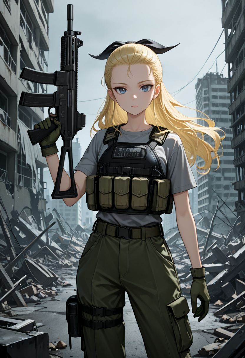 masterpiece,best quality,absurdres,highres,very aesthetic,high quality,detailed,insanely detailed,beautiful,perfect lighting, looking at viewer, 
 <lora:Assam illu:1> 1girl, hair pulled back, blonde hair, long hair, blue eyes, hair ribbon, black ribbon,  riffle, holding weapon, 
 bulletproof vest, chest harness, grey shirt, short sleeves, green gloves, green pants, cargo pants, thigh strap, thigh pouch, outdoors, grey sky, city, abandoned, debris