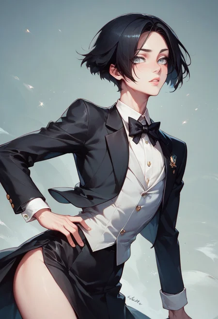 score_9, score_8_up, score_7_up, 1boy, femboy, otoko no ko, short hair, bob cut hair, black hair, grey eyes, gray eyes, feminine face, toned body, Shelly, tuxedo, highly detailed, intricate, zzCitronCAT, pose, modelshoot