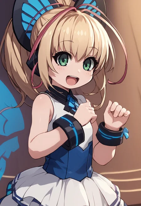 score_4,score_5,score_6,score_7_up,score_8_up,score_9
((masterpiece,best quality,ultra detailed,highres,HD,4k:1.2)),
1girl,solo,girl forcus,upper body,
long hair,blonde hair,side locks,multicolored hair,ponytail,hair ornament,butterfly hair ornament,green eyes, wings,butterfly wings,sleeveless,dress,white thighhighs,shoes,bracelet,jewelry,
Stage, idol stage,
open mouth,happy,smie,