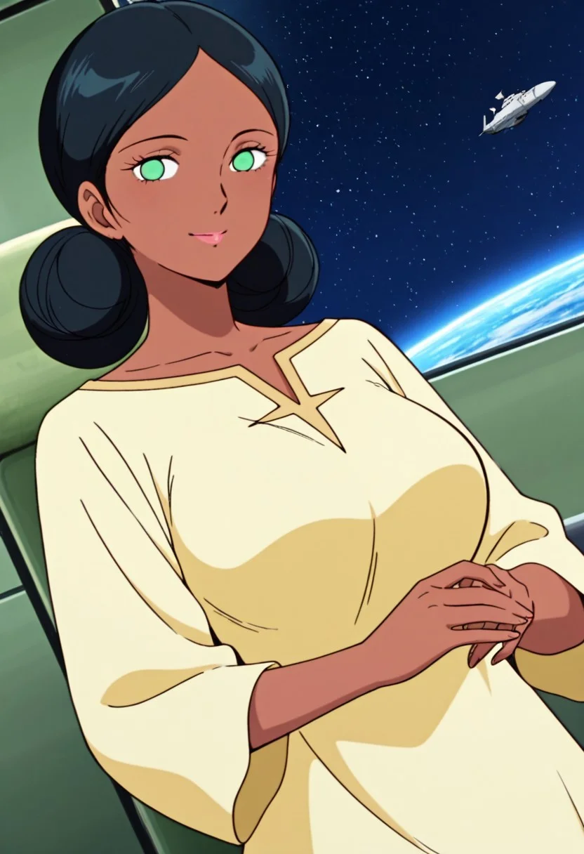 general,highres, ultra-detailed,very aesthetic,best quality ,best hands,best eyes,easynegative,
dynamic anglre, dutch angle, anime cloring,anime screencap,
1girl solo,looking at viewer,space ship, smile,
Lala Sune,dark-skinned female, green_eyes, black_hair,low twin hair buns,huge_breasts,yellow dress,