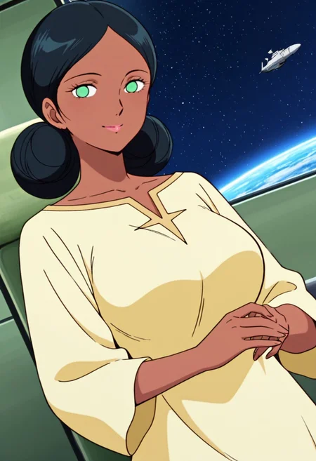 general,highres, ultra-detailed,very aesthetic,best quality ,best hands,best eyes,easynegative,
dynamic anglre, dutch angle, anime cloring,anime screencap,
1girl solo,looking at viewer,space ship, smile,
Lala Sune,dark-skinned female, green_eyes, black_hair,low twin hair buns,huge_breasts,yellow dress,