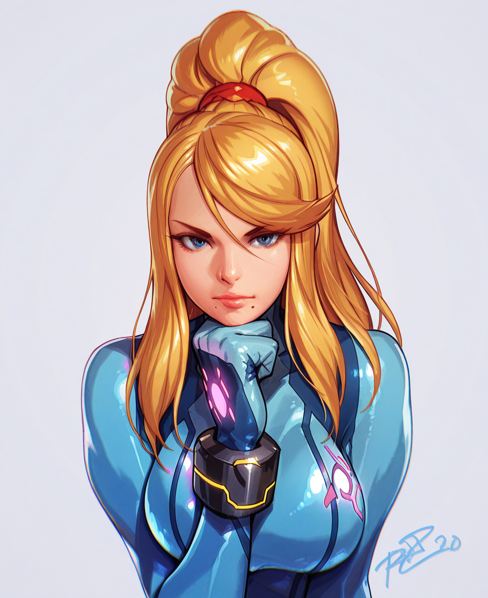 <lora:robaato:1> robaato,
(masterpiece), (best quality), (ultra-detailed), amazing quality, very aesthetic, illustration, perfect composition, intricate details, absurdres, incredibly absurdres, shiny skin, realistic,
 robaato, samus aran, 1girl, zero suit, solo, blonde hair, mole, mole under mouth, bodysuit, long hair, ponytail, looking at viewer, breasts, upper body, lips, signature, blue eyes, blue bodysuit, high ponytail, skin tight, simple background, hand on own chin, samus aran, sensitive