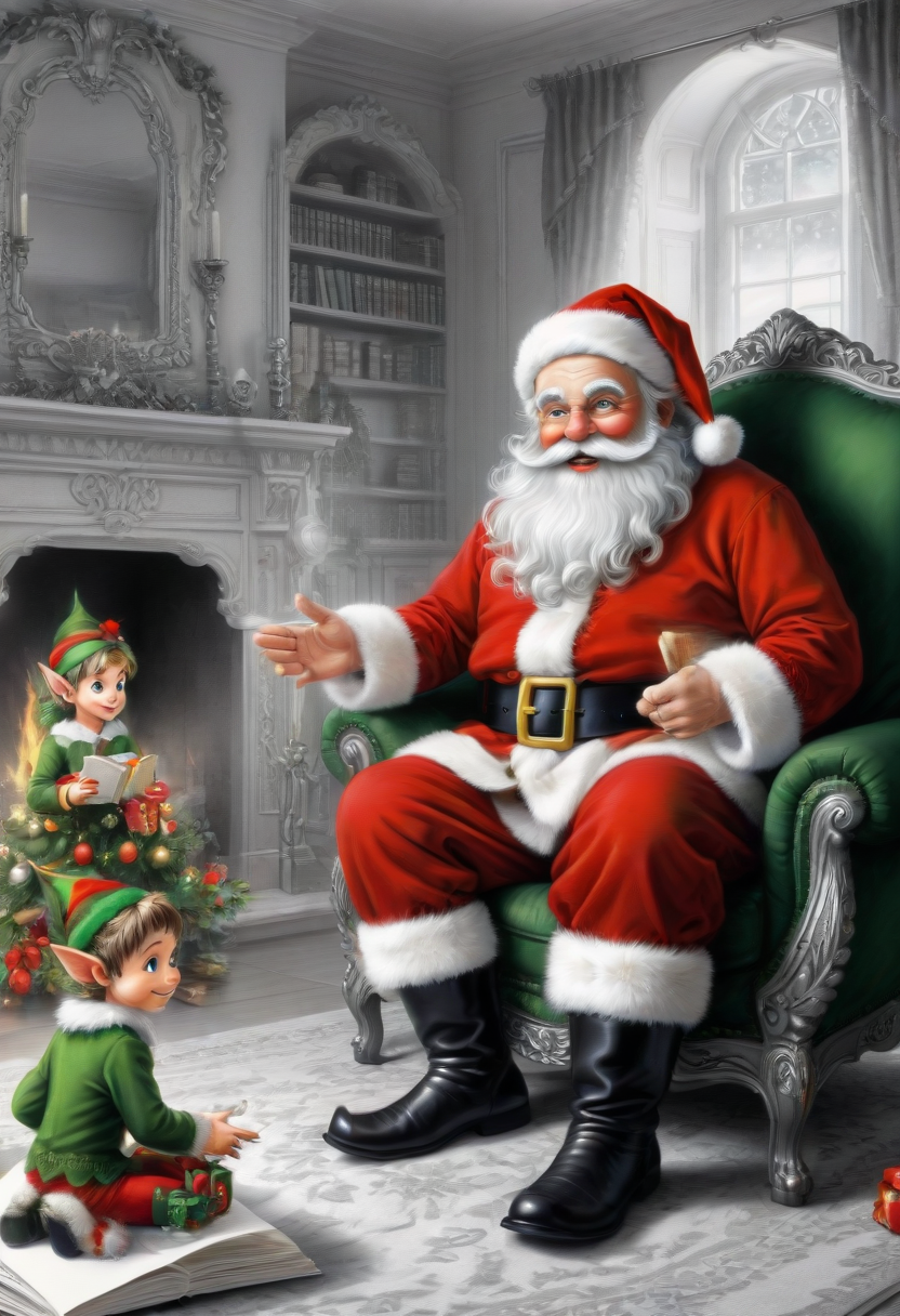 santafestivemood, Santa with elves in the Christmas living room, greeting card, storybook illustration, anime, highly detailed beautiful details, intricate and ornate, masterpiece, best quality, clean sharp outlines, extremely high contrast, (clean sharp focus:1.4), SFW