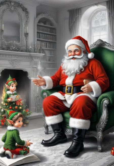 santafestivemood, Santa with elves in the Christmas living room, greeting card, storybook illustration, anime, highly detailed beautiful details, intricate and ornate, masterpiece, best quality, clean sharp outlines, extremely high contrast, (clean sharp focus:1.4), SFW