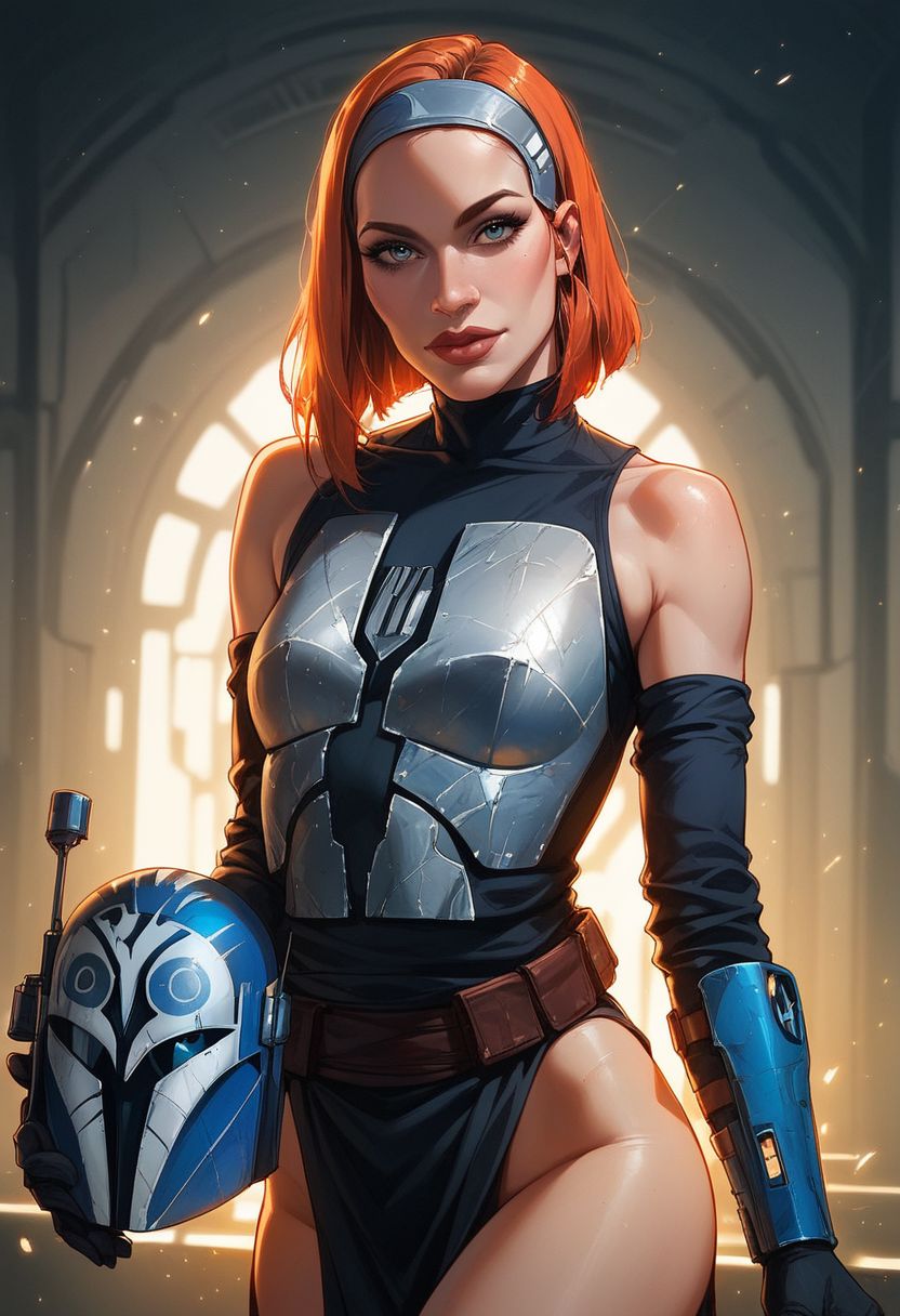 score_9, score_8_up, score_7_up, western cartoon, Expressiveh, volumetric lighting, dramatic lighting, g0thicPXL, fFaceDetail, ultra detailed, beautiful face, beautiful eyes, Bo-Katan Kryze, star wars, (small breasts:1.5), (armor), (sexy pose:1.5), (removed helmet), (looking at viewer:1.5), (sci fi city), (blue ambient lighting),