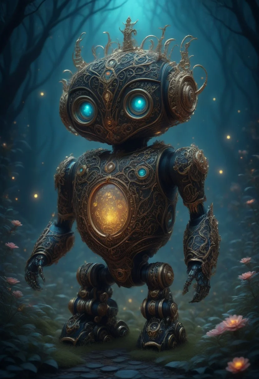 elaborate manuka robot, cute, fantasy, eerie wonderland, glowing, intricate details, 8k, cinematic film still, ultra sharp, realistic