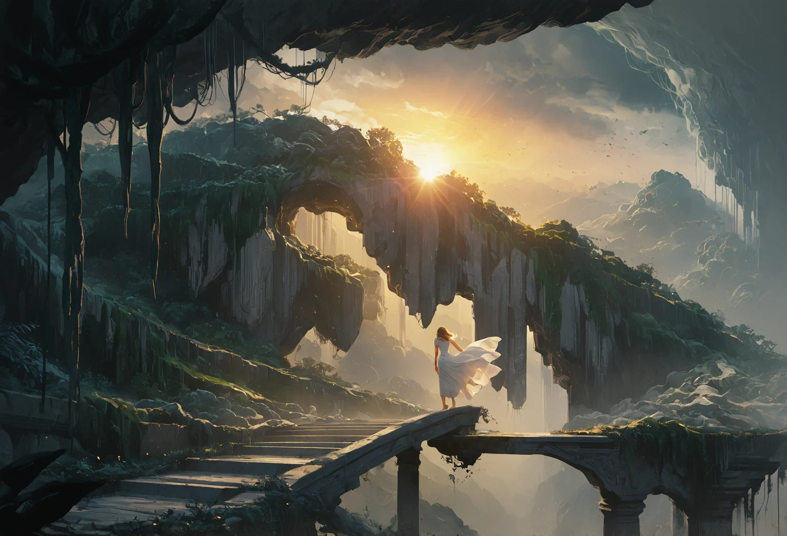 score_9, score_8_up, score_7_up, score_6_up, concept art, digital art, light rays, dynamic light, white and gold tones, haze, dust cloud, light particles, full body, from behind, 1girl, white dress, long dress, stairs, climbing stair, landscape, stairway, heaven, sky, cloud, mist, smoke, sun, ruins, vegetation, vines, trees