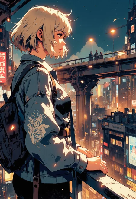 Mh1$AgThS2, intricate linework with expressive contrasts, soft lighting with dynamic highlights, image of a Japanese woman, blonde straight-cut bob, denim jacket, standing on a pedestrian overpass looking down on a tokyo shopping area, downtown, silhouetted at night, chiascuro, dark sky, bokeh, stars, In the style of ff-td