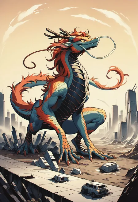 score_9, score_8_up, score_7_up,score_6_up, score_5_up, score_4_up,source_anime,retro artstyle,halftone effect,epic,intricate linework,no humans,dragon,eastern dragon,dragon focus,full body,,cityscape,skyscrapers,destruction,fire
