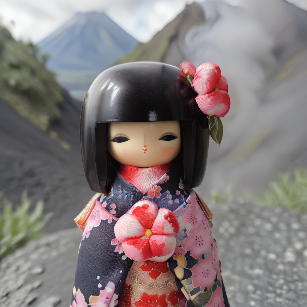 1woman with a little MRkokeshiSakura  doll   <lora:MRkokeshiSakura:1> (in a vulcano with red flowers:1.6)