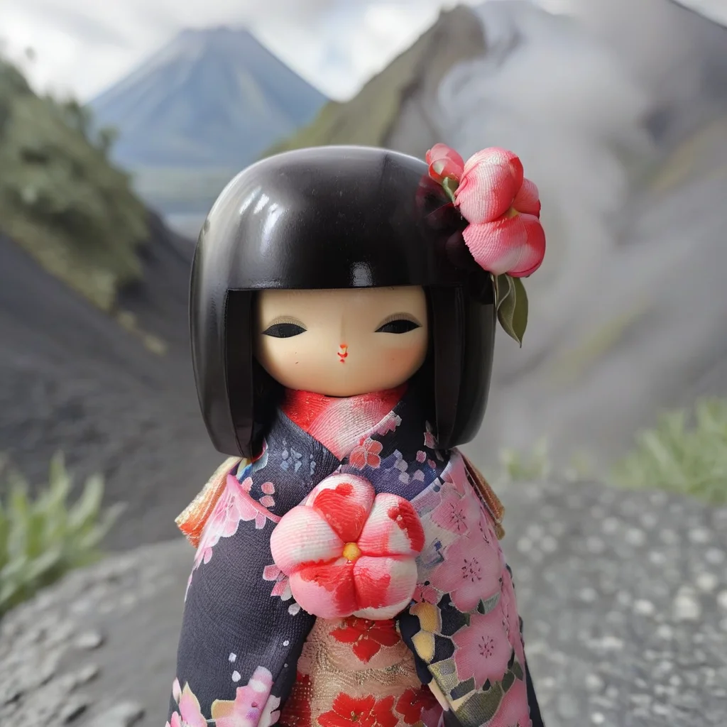 1woman with a little MRkokeshiSakura doll <lora:MRkokeshiSakura:1> (in a vulcano with red flowers:1.6)