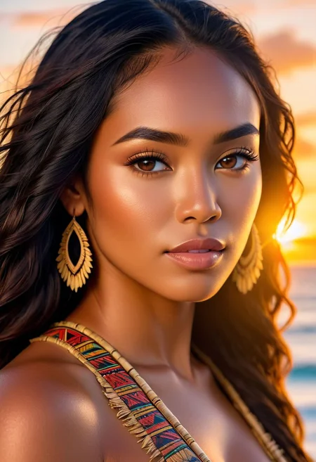 ((best quality)), ((detailed)), ((masterpiece)), ((4K)), (Immersive), (Vibrant), Woman, Pacific Islander, Oceanian, Polynesian, RAW photo, Untouched photo, Unedited photo, Beautifully lit, Radiant illumination, Stunning light, Gorgeously illuminated, 80mm, Portrait lens, Medium telephoto