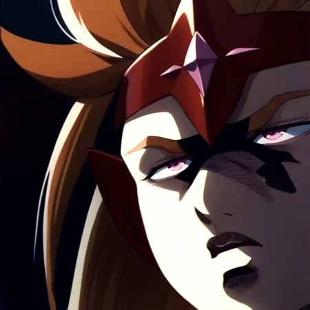 score_9, score_8_up, score_7_up, masterpiece, cromartie, shadedface, (((plump face))), ((grimacing)), benetmime,long wavy orange hair, red circlet, pink eyes, red armor, red pauldrons, white sleeves, (((close up)))