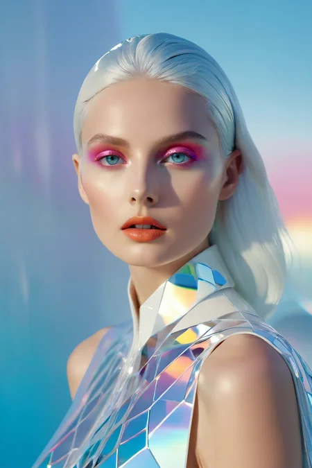 colorful gradient, <lora:colorful_01_colorful_gradient:1.0>,
Futuristic, 2095, young 70 years old beautiful model, face skin is partially covered with holographic mirror transparent scales, standing in a futuristic city, glossy, highly intricate, high minimalistic fashion, photography by tim walker, clear top model face features, gathered hair, fashion editorial accent lighting, cinematic, blurred white clear background, photorealistic octane render, film grain, Leica 50mm, Depth of Field, 32k, Super - Resolution, Megapixel,Optics, Scattering, Glowing, Shadows, Rough, Shimmering, Ray Tracing Reflections, Lumen Reflections, Screen Space Reflections, Diffraction Grading,
amazing, beautiful, breathtaking, astonishing, brilliant,