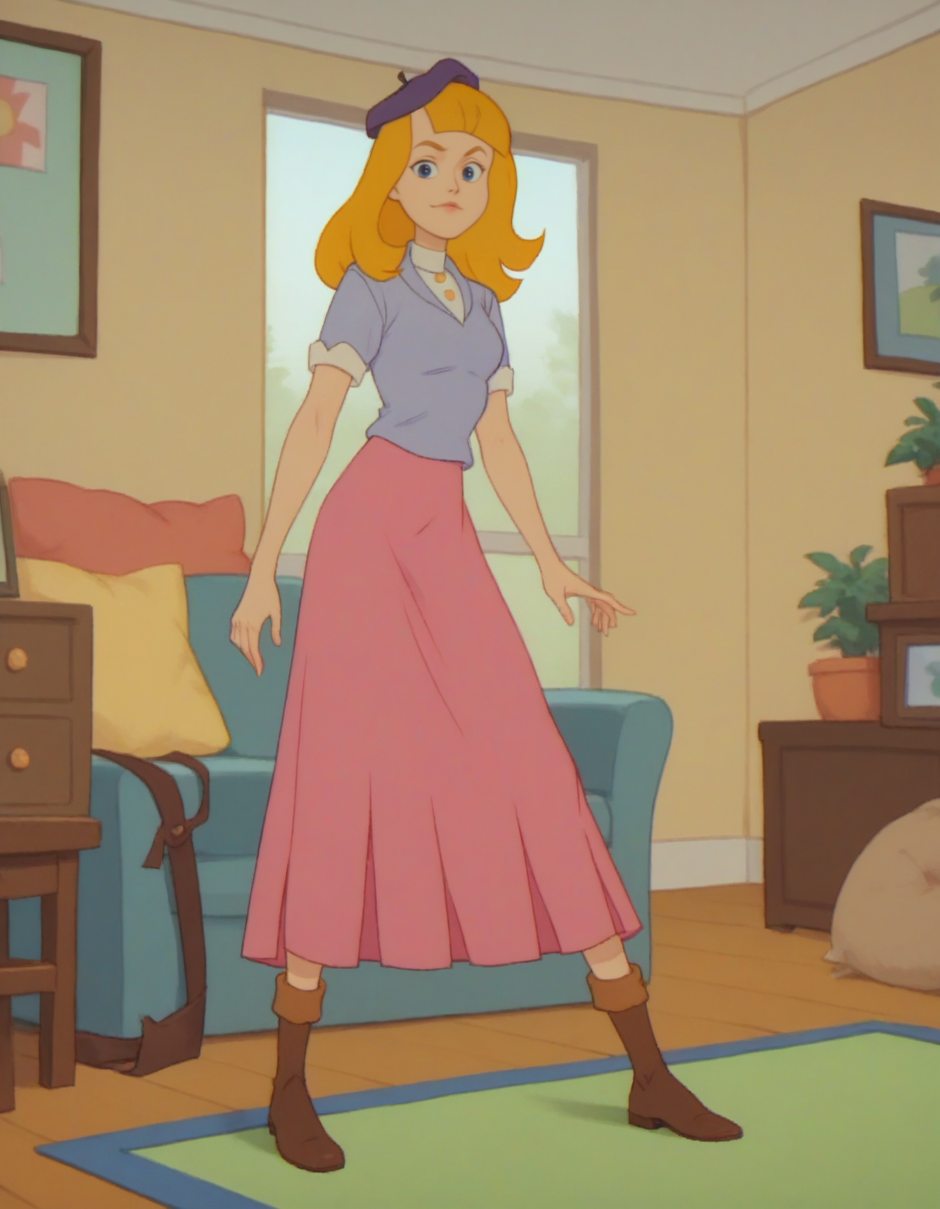 score_9, score_8_up, score_7_up,
xbonniepx, blonde hair, long hair, blue eyes, 
beret, shirt, long skirt, boots,
indoors, living room, 
1girl, looking at viewer, posing, standing, legs apart, 
 <lora:bonnieparker-wishkid:1>