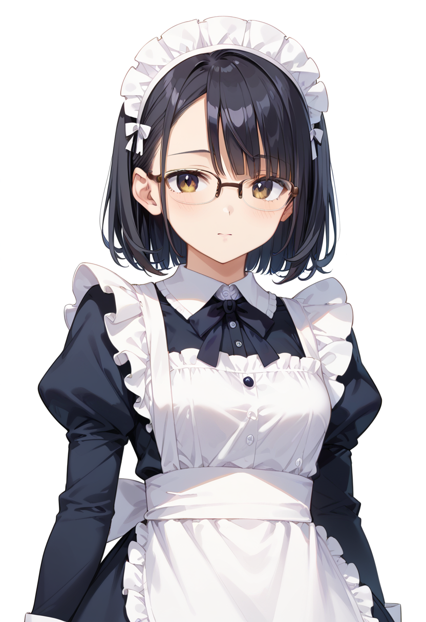 score_9, score_8_up, score_7_up, rating_safe, masterpiece, best quality, absurdres, unity 8k wallpaper, official art, official style, source_anime, uncensored, game cg, megami magazine,
1girl, solo, black hair, medium hair, upper body, covered eyes,maid, maid headdress, black dress, maid apron, face focus,
halfrim22A,  still life, white background, simple background, brown-framed eyewear,
 <lora:glasses_halfrim22A_PONY_V1:1>