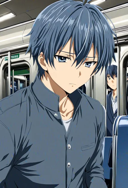 high resolution, solo, best quality, 1Boy, Tomoya Okazaki, Grey Blue Hair, train, inside train, OverallDetail