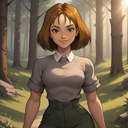 score_9, score_8, BREAK, solo, brown hair, black eyes, lips, collared shirt, grey sweater, short sleeves, green pants, dark skin, freckles, breasts, Total Drama, Courtney_(Total_Drama), sexy pose, smile, outdoors, sunlight, shadows, evening lighting, natural lighting, forest, trees, grass, orange sky, sunset