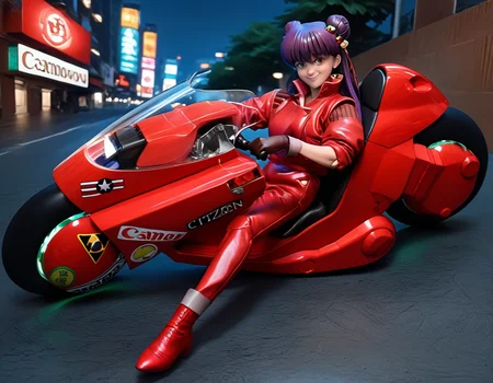 score_9, score_8_up, score_7_up, source_real, realistic, photorealistic, BREAK
KanedaBike_Akira, motor vehicle, ground vehicle, solo, black hair, gloves, motorcycle, 1girl, jacket, sunglasses, smile, car, looking at viewer, red jacket, cyberpunk, city, night, neon,
shampoo (ranma 1/2), purple hair, long hair, apron, red footwear, red eyes, hair bun, hair bell, hair ornament, double bun, bell, capri pants, red pants, smile, <lora:BDpony_KanedaBike_Akira_V1-5175:1> <lora:detailed_notrigger:1> <lora:zy_Detailed_Backgrounds_v1:1>