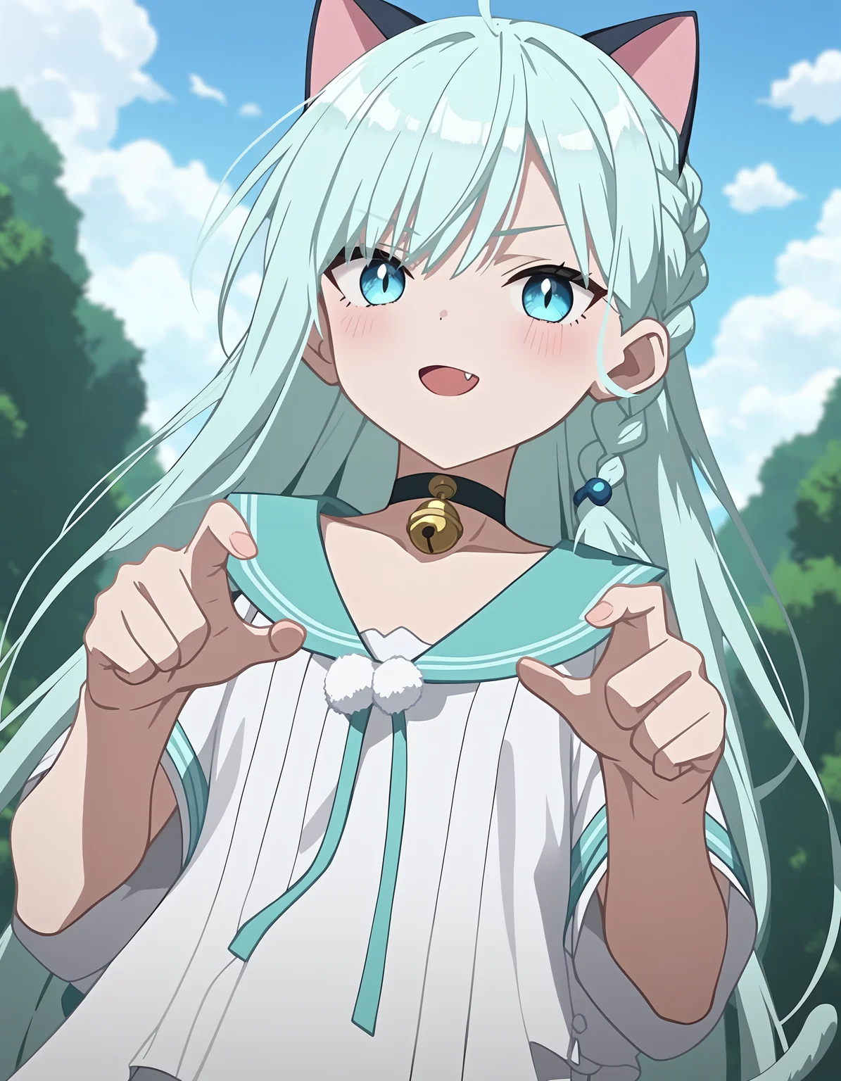 score_9,score_8_up,score_7_up,outdoors,simple_background,
<lora:yuebai_pony:0.7>,yuebai,1girl,solo,long hair,very long hair,braid,blue eyes,bangs,choker,hair ornament,
looking at viewer,depth of field,anime screencap,cinematic_angle,anime screencap,mesugaki,(cat_costume:1.2),cat_pose,bell,fang,front view,<lora:Anime_Screencap:1>,