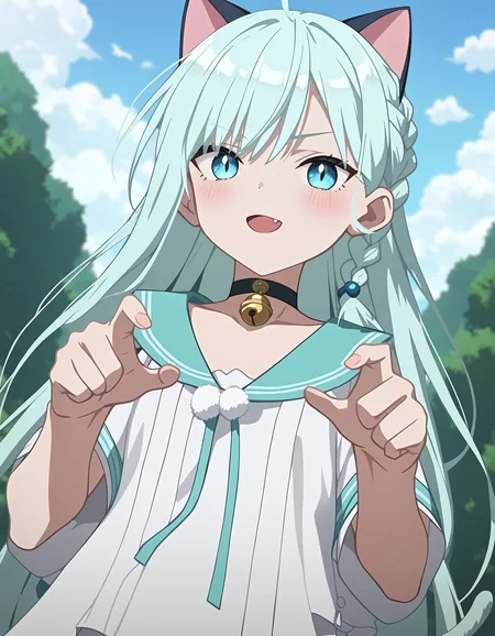 score_9,score_8_up,score_7_up,outdoors,simple_background,
<lora:yuebai_pony:0.7>,yuebai,1girl,solo,long hair,very long hair,braid,blue eyes,bangs,choker,hair ornament,
looking at viewer,depth of field,anime screencap,cinematic_angle,anime screencap,mesugaki,(cat_costume:1.2),cat_pose,bell,fang,front view,<lora:Anime_Screencap:1>,