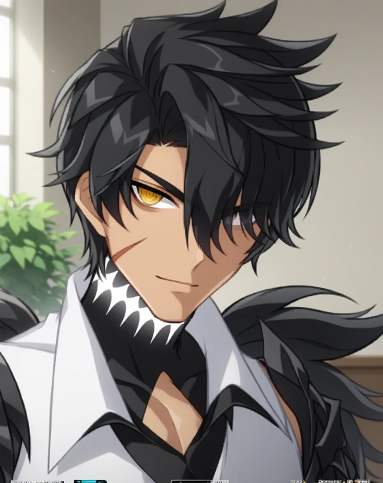 score_9, score_8_up, score_7_up, source_anime, anime screencap, depth of field, rating_safe, BREAK,
1boy, solo, yaoi, male focus, mature male,
looking at viewer, portrait, facing viewer, straight-on,
<lora:raven_revenant:1> ravenrevenant, black hair, yellow eyes, short hair, hair over one eye, dark skin, scar on face,
indoors,