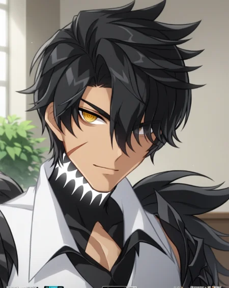 score_9, score_8_up, score_7_up, source_anime, anime screencap, depth of field, rating_safe, BREAK,
1boy, solo, yaoi, male focus, mature male,
looking at viewer, portrait, facing viewer, straight-on,
<lora:raven_revenant:1> ravenrevenant, black hair, yellow eyes, short hair, hair over one eye, dark skin, scar on face,
indoors,