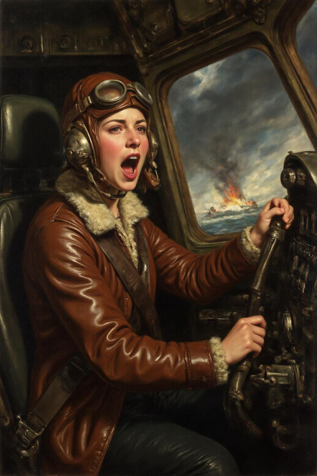 jore1 painting. 
A female pilot screaming inside the cockpit of a World War II bomber. The pilot, wearing a vintage leather flight helmet with goggles and a bomber jacket, grips the controls with white-knuckled hands. Her face is contorted in a mix of fear and determination as she yells, her eyes wide with adrenaline. The cockpit is cramped and filled with old-fashioned dials and gauges, with the outside view showing dark stormy clouds and distant anti-aircraft fire.  
 <lora:jore1_cap_d6a3e12:1.0><lora:818412100209861778:0>