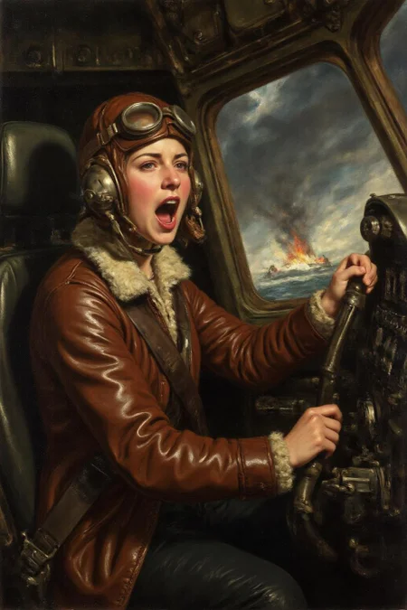 jore1 painting.
A female pilot screaming inside the cockpit of a World War II bomber. The pilot, wearing a vintage leather flight helmet with goggles and a bomber jacket, grips the controls with white-knuckled hands. Her face is contorted in a mix of fear and determination as she yells, her eyes wide with adrenaline. The cockpit is cramped and filled with old-fashioned dials and gauges, with the outside view showing dark stormy clouds and distant anti-aircraft fire.
<lora:jore1_cap_d6a3e12:1.0><lora:818412100209861778:0>