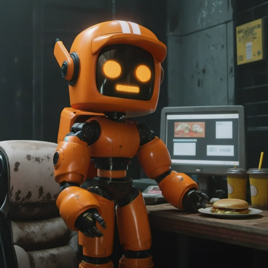 an orange robot, close up face portrait, fastfood, cyberpunk, highly detailed, photography, ultra sharp, film, professional, 64k <lora:add-detail-xl:1.5> <lora:Orange Robot1024:0.7>