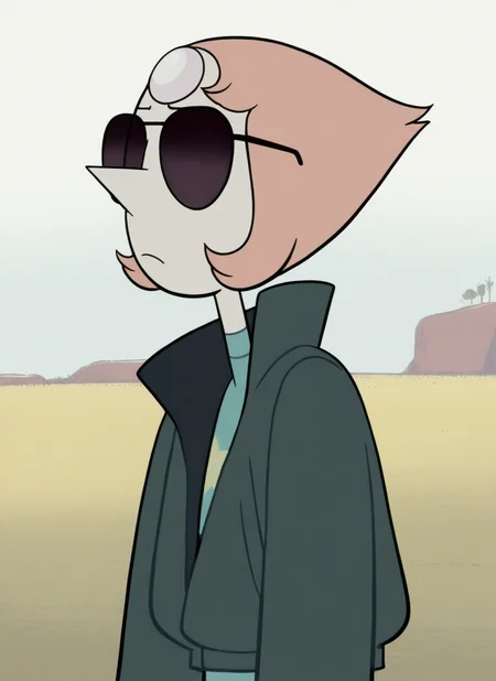 artist:, masterpiece, best quality, newest, very awa, absurdres, highres, sustl, 1girl, prle, short hair, orange hair, dark green jacket, t-pose, black sunglasses, aviator sunglasses, detailed, <lora:SDXL\Illustrous\Steven-Universe-Style-Illustious:1.0>