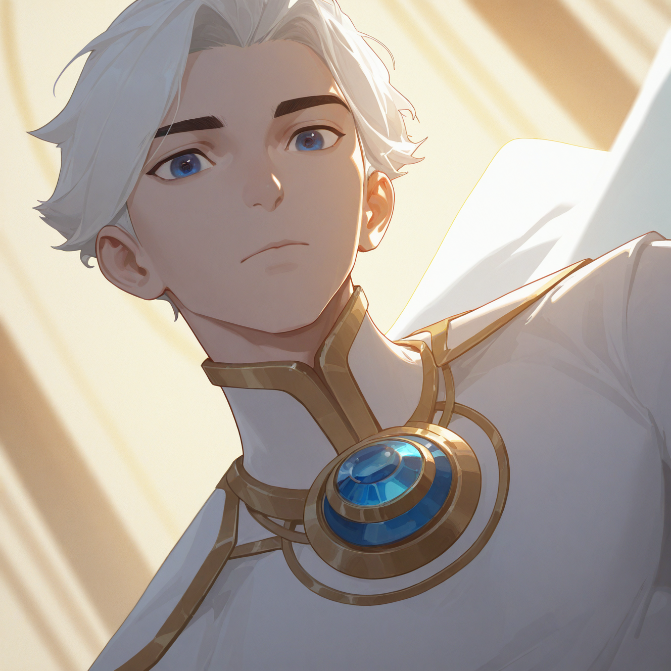 <lora:NICE:1>mr_nice, solo, looking at viewer, short hair, 1boy, closed mouth, jewelry, upper body, white hair, male focus, blurry, cape, dark blue eyes, blurry background, expressionless, gem, brooch, gold trim, robe, blue gemstone, white robe, shirt, white shirt, detailed background, motion blur, film grain, abstract, natural lighting, fantasy, cinematic, dynamic view, tilted angle, very awa, masterpiece, best quality, absurdres, newest, perfect quality, detailed background, intricate details,  (artist:fl \(l-fl\):0.7), (artist:tooboshoo:0.7), (artist:dizdoodz:0.8)