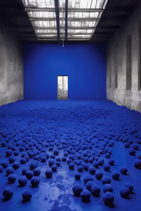 <lora:Yves Klein Style:1>Yves Klein Style - photo of roschach blue installation in berlin warehouse in style of yves klein